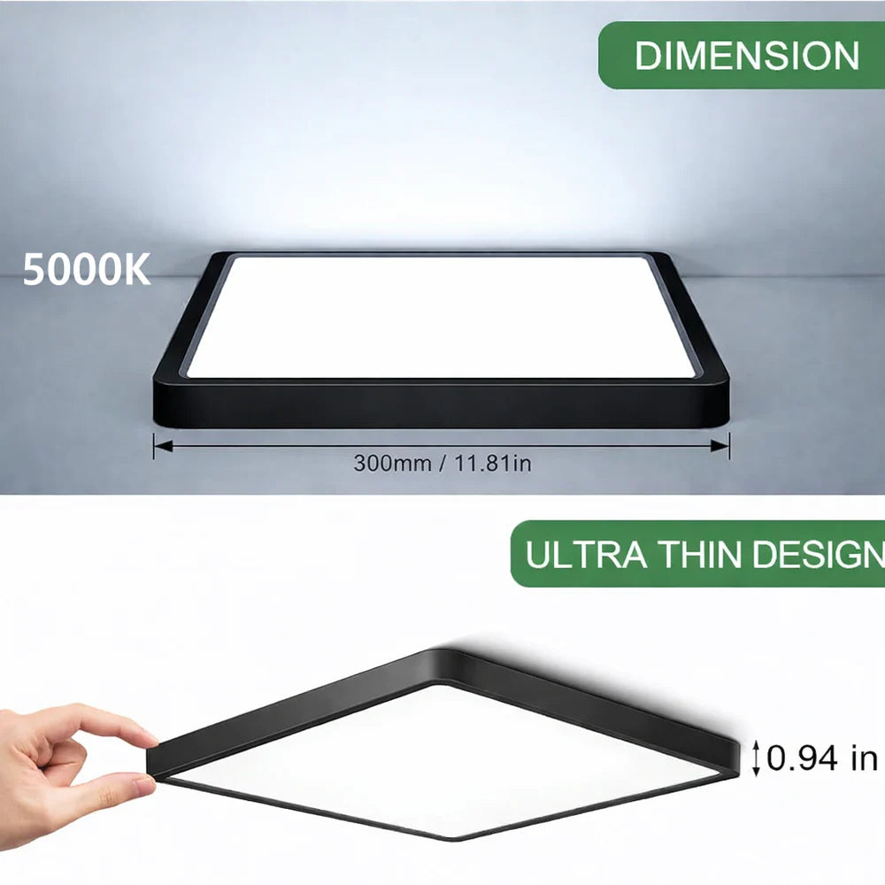 inShareplus 12 Zoll quadratische LED-Deckenleuchte, 3200 lm, 24 W, 5000 K Tageslicht, superhelle Deckenleuchten, weiße LED-Lampe zur Unterputzmontage, Einbauleuchten für Küche, Bad, Schlafzimmer, Flur, Büro, Garage 