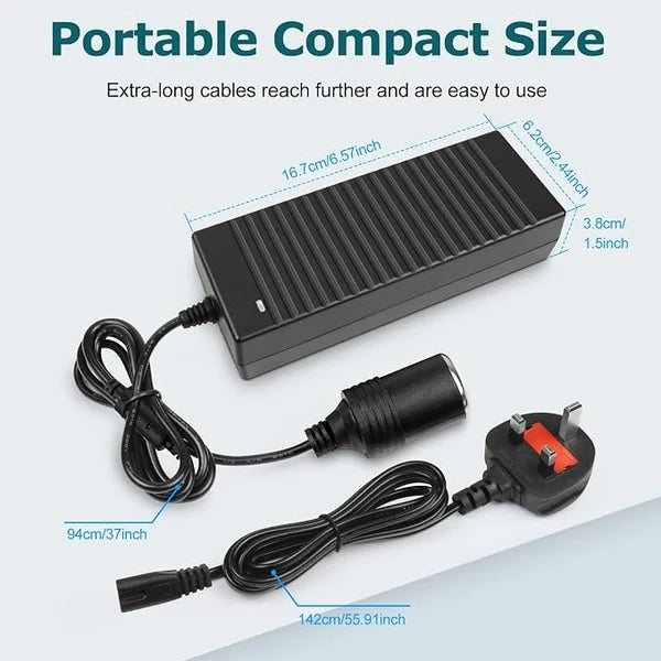 120W Desktop LED Adapter Cigarette Lighter DC 12V, AC 100–240V Input, with US/UK Plug, Converter Transformer — for Car Accessories, Tire Inflators, Portable Coolers, Car Vacuum Cleaners and 12V Automotive Devices