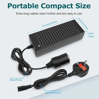 120W Desktop LED Adapter Cigarette Lighter DC 12V, AC 100–240V Input, with US/UK Plug, Converter Transformer — for Car Accessories, Tire Inflators, Portable Coolers, Car Vacuum Cleaners and 12V Automotive Devices