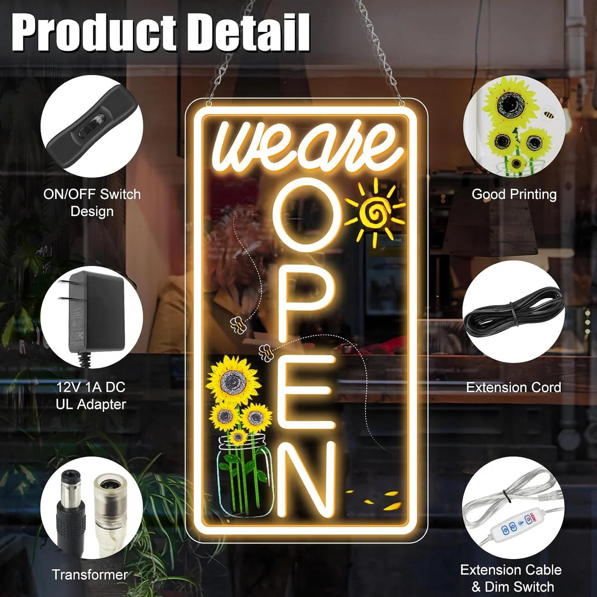 We Are Open Vertical Silicone LED Store Signs – Warm White / Neutral White  | 16.5 × 9 inch |Window Hanging |12V Plug & Play Storefront Neon Decor for  Store Entrances & Business Locations
