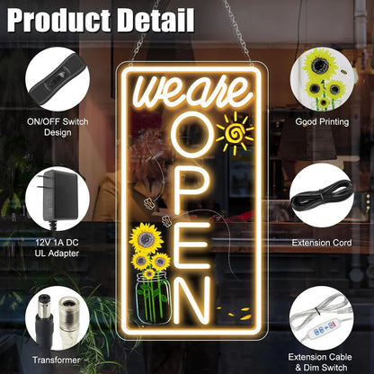 We Are Open Vertical Silicone LED Store Signs – Warm White / Neutral White  | 16.5 × 9 inch |Window Hanging |12V Plug & Play Storefront Neon Decor for  Store Entrances & Business Locations