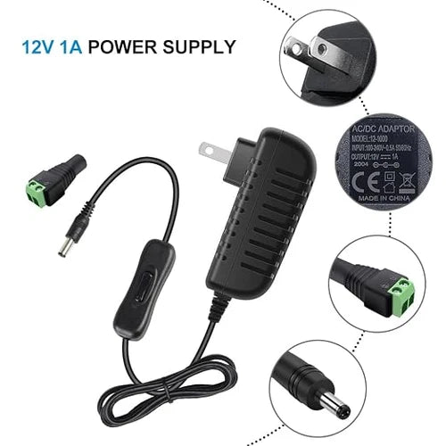 DC 12V Plug-in Power Adapter with On/Off Switch, 36W, US Plug, Black/White Housing, 100–240V AC Input - Power Supply for LED Lighting and Portable Devices