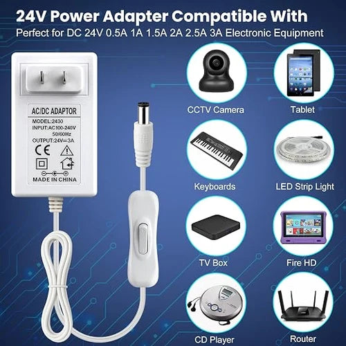 DC 12V Plug-in Power Adapter with On/Off Switch, 24W, US Plug, White Housing, 100–240V AC Input - Power Supply for LED Lighting and Home Applications