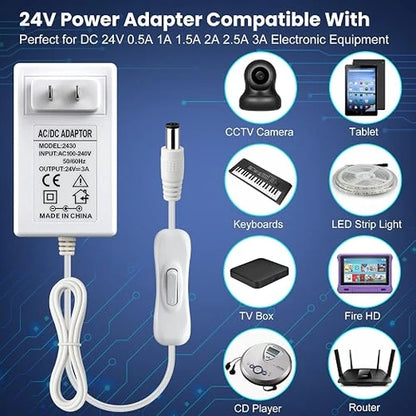 DC 12V Plug-in Power Adapter with On/Off Switch, 24W, US Plug, White Housing, 100–240V AC Input - Power Supply for LED Lighting and Home Applications