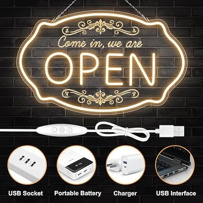 WE ARE OPEN COME IN LED Silicone LED Store Signs – 23.5×14 Inch & 16.5×10 Inch | 5V USB Powered Dimmable Light with Engraved Back Design for  Store Entrances & Business Locations