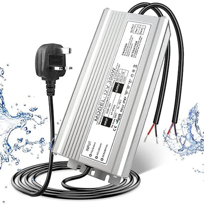 12V Outdoor Waterproof LED Power Supply 200W-500W, 175–265V Input, Single/Dual Wire Output, Aluminum Housing, Landscape & Outdoor Lighting, CE/RoHS/FCC Certified, Waterproof Transformer for Outdoor Lighting, UK/EU Plug