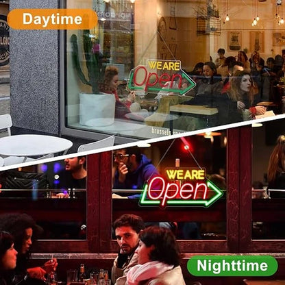 WE ARE OPEN Integrated LED Store Signs – USB Powered | 16.1×7.8 inch | Arrow Shape LED Window Sign |  Yellow + Red + Green Glow for Store Entrances & Business Locations