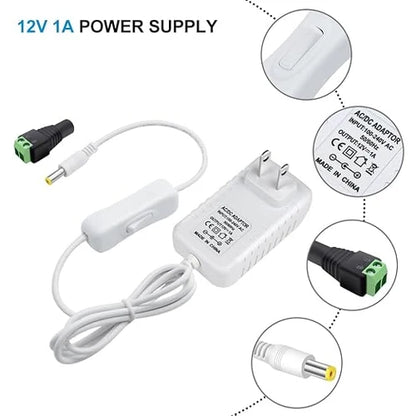 DC 12V Plug-in Power Adapter with On/Off Switch, 36W, US Plug, Black/White Housing, 100–240V AC Input - Power Supply for LED Lighting and Portable Devices