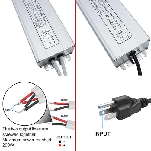 12V Outdoor Waterproof LED Power Supply 200W-500W, 90–140V Input, Single/Dual Wire Output, Aluminum Housing, Landscape & Outdoor Lighting, CE/RoHS/FCC Certified, Waterproof Transformer for Outdoor Lighting, US Plug