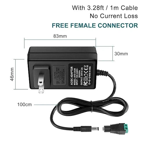 DC 24V Plug-in Power Adapter 72W, AC 100–240V to 24V - US Plug AC Power Supply for High Power LED Lighting and Home Applications, Black Case