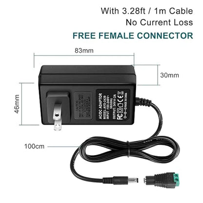 DC 24V Plug-in Power Adapter 72W, AC 100–240V to 24V - US Plug AC Power Supply for High Power LED Lighting and Home Applications, Black Case