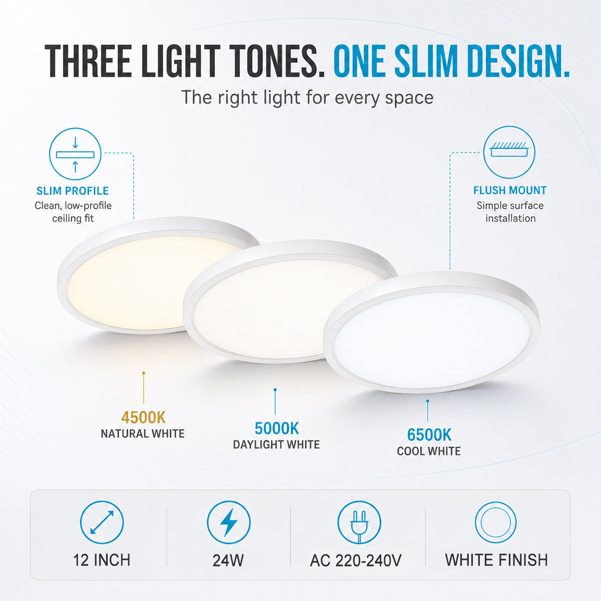 AC 220–240V | 12 Inch 24W Round Slim Flush Mount Ceiling Lights – White / Black / Wood Grain   | 3000K / 4500K / 5000K / 6500K | Flush Mount Ceiling Light for Apartment & Commercial Spaces – Local Stock (UK/DE)