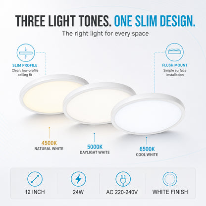 AC 220–240V | 12 Inch 24W Round Slim Flush Mount Ceiling Lights – White / Black / Wood Grain   | 3000K / 4500K / 5000K / 6500K | Flush Mount Ceiling Light for Apartment & Commercial Spaces – Local Stock (UK/DE)