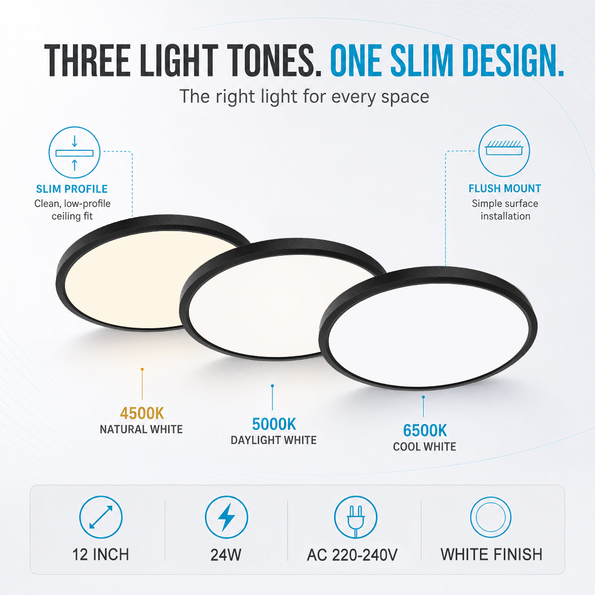 AC 220–240V | 12 Inch 24W Round Slim Flush Mount Ceiling Lights – White / Black / Wood Grain   | 3000K / 4500K / 5000K / 6500K | Flush Mount Ceiling Light for Apartment & Commercial Spaces – Local Stock (UK/DE)