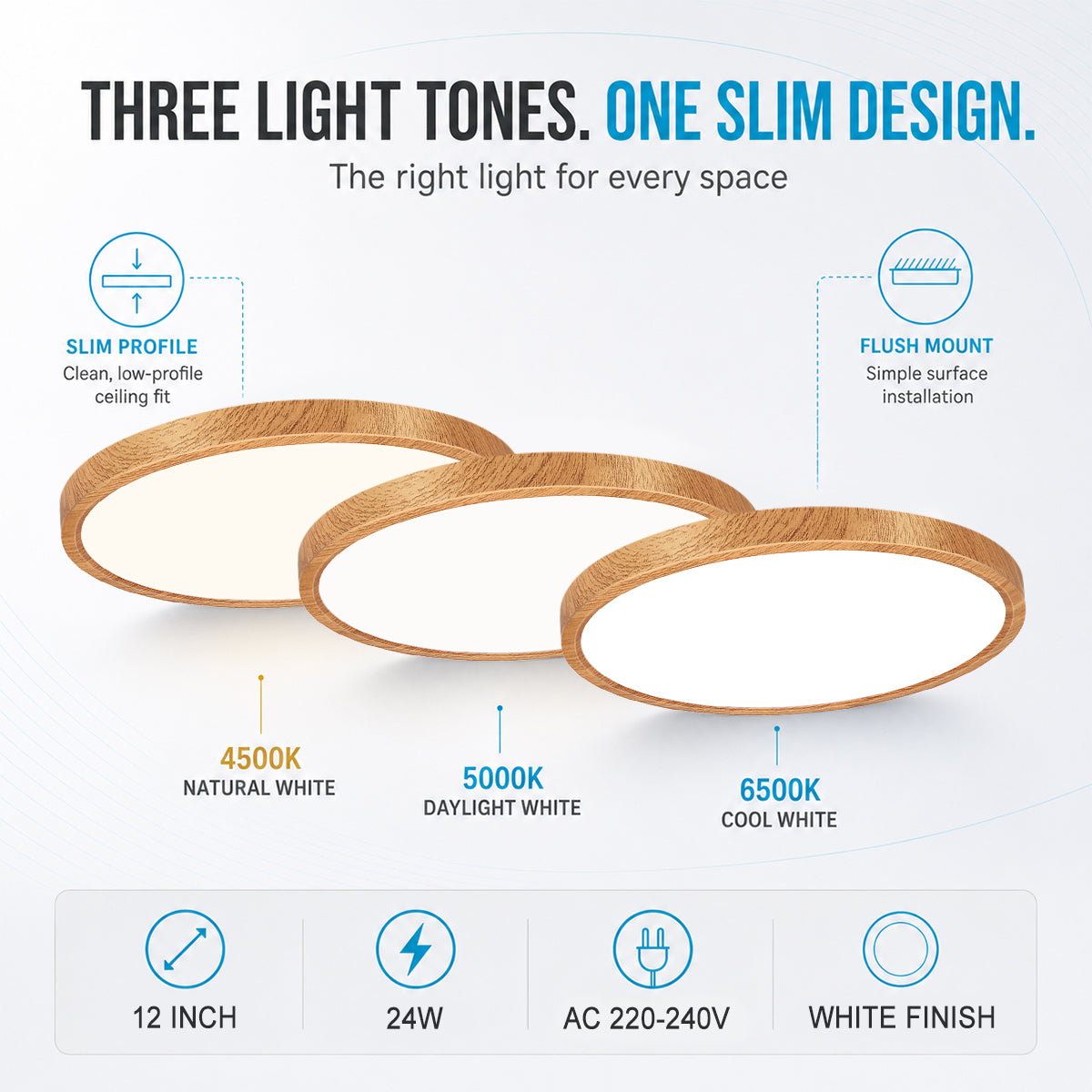 AC 220–240V | 12 Inch 24W Round Slim Flush Mount Ceiling Lights – White / Black / Wood Grain   | 3000K / 4500K / 5000K / 6500K | Flush Mount Ceiling Light for Apartment & Commercial Spaces – Local Stock (UK/DE)