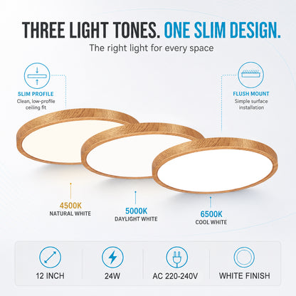 AC 220–240V | 12 Inch 24W Round Slim Flush Mount Ceiling Lights – White / Black / Wood Grain   | 3000K / 4500K / 5000K / 6500K | Flush Mount Ceiling Light for Apartment & Commercial Spaces – Local Stock (UK/DE)