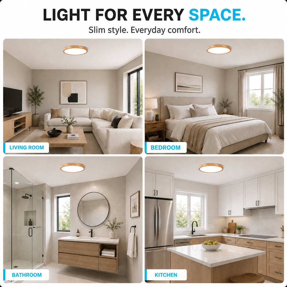 AC 220–240V | 12 Inch 24W Round Slim Flush Mount Ceiling Lights – White / Black / Wood Grain   | 3000K / 4500K / 5000K / 6500K | Flush Mount Ceiling Light for Apartment & Commercial Spaces – Local Stock (UK/DE)