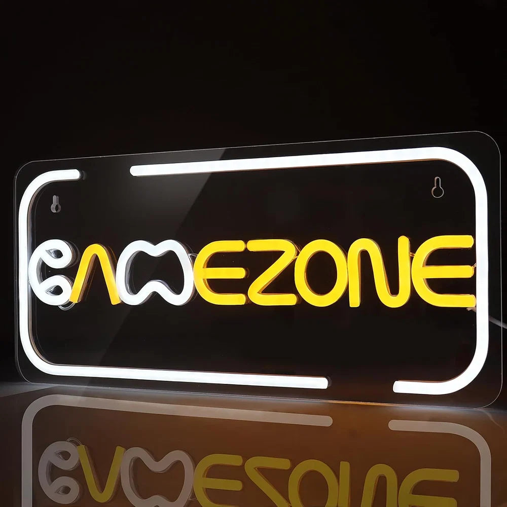 16.2×7.1 Inch Neon Wall Decor – GAME ZONE Silicone Neon Sign – 5V USB Powered White & Orange Glow LED Wall Light | Neon Lamp with Accessories Included | Hanging Gaming Decor for Gaming Room, Bedroom, Setup & Party Spaces