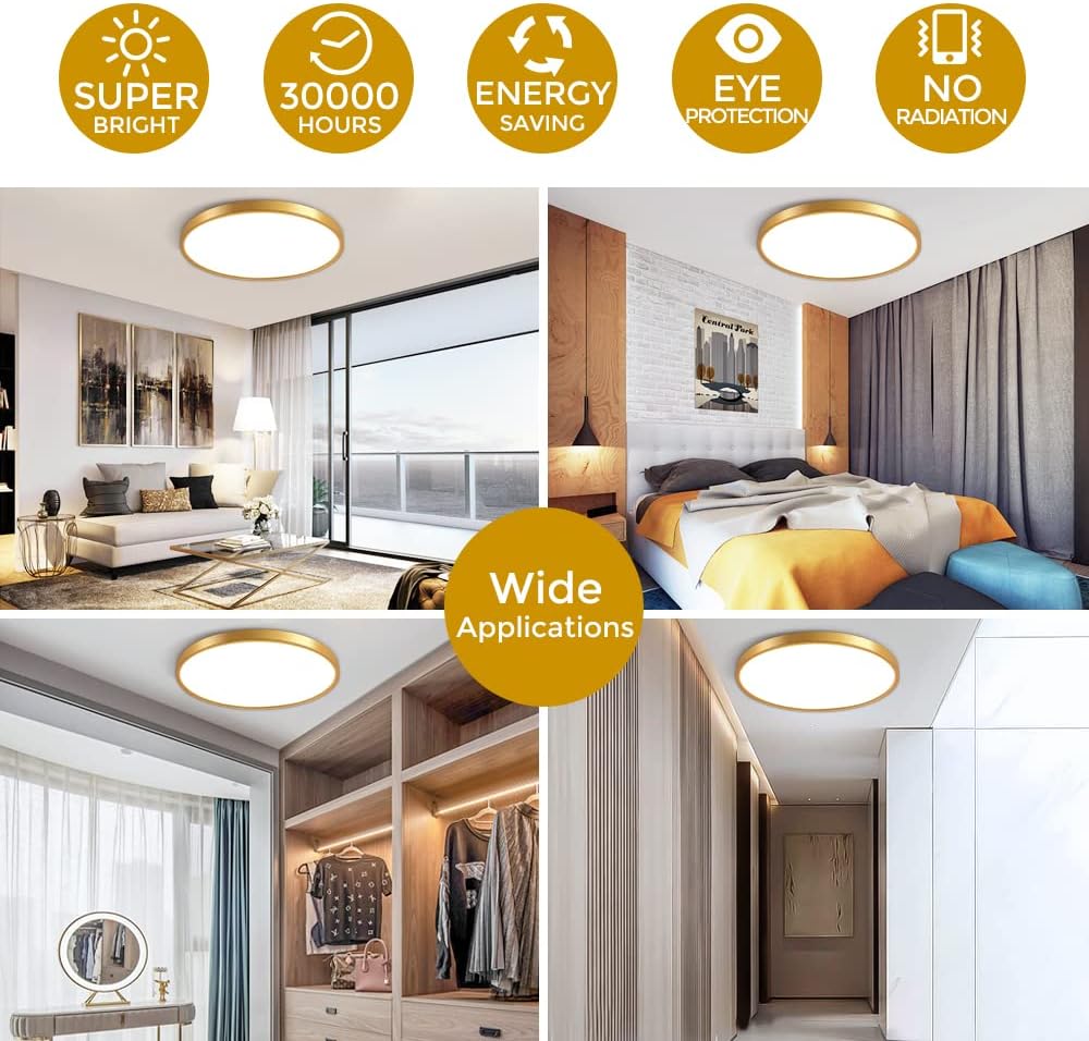 inShareplus 12 Inch 24W Gold LED Ceiling Light, Daylight White 5000K 0.94 Inch Ultra Thin Flush Mount Ceiling Lighting, 3200LM Super Bright Gold Ceiling Lamp for Bedroom, Office, Hallway, Kitchen