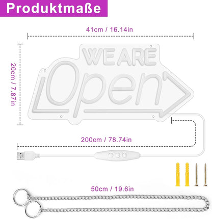 WE ARE OPEN Silicone LED Store Signs – USB Powered | 16.1×7.8 inch | Arrow Shape LED Window Sign |  2 Color Options for  Store Entrances & Business Locations