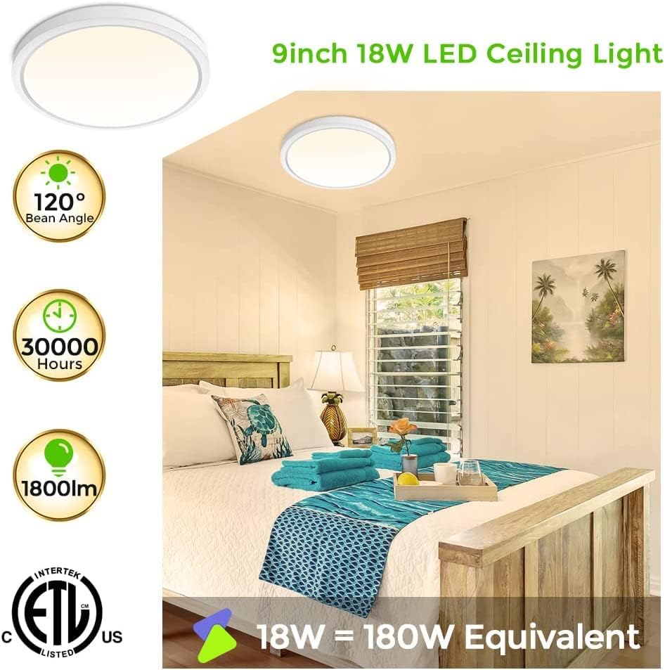 inShareplus 9inch LED Flush Mount Ceiling Light Fixture, 18W [180W Equiv] Warm White 2800K Ceiling Lights Fixture, 1800LM White Ceiling Lamp for Bedroom, Living Room, Kitchen, Office, Hallway [Energy Class F]