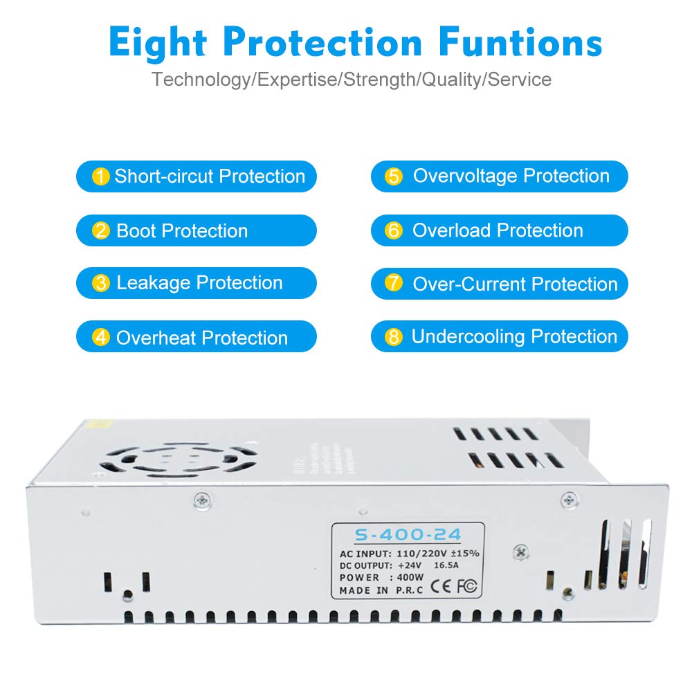 inShareplus 24 V 16,5 A 400 W universell geregeltes Schaltnetzteil, 100–240 V AC auf DC 24 Volt LED-Treiber, Konverter, Transformator, Adapter für LED-Lichtstreifen, CCTV, Computerprojekt, 3D-Drucker usw. 