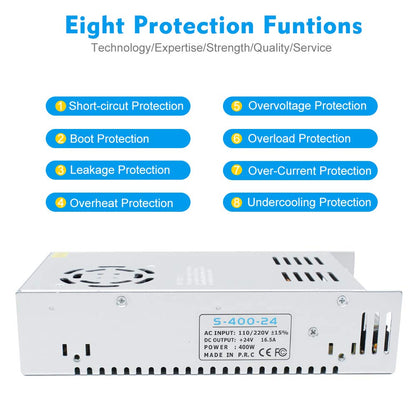 inShareplus 24 V 16,5 A 400 W universell geregeltes Schaltnetzteil, 100–240 V AC auf DC 24 Volt LED-Treiber, Konverter, Transformator, Adapter für LED-Lichtstreifen, CCTV, Computerprojekt, 3D-Drucker usw. 
