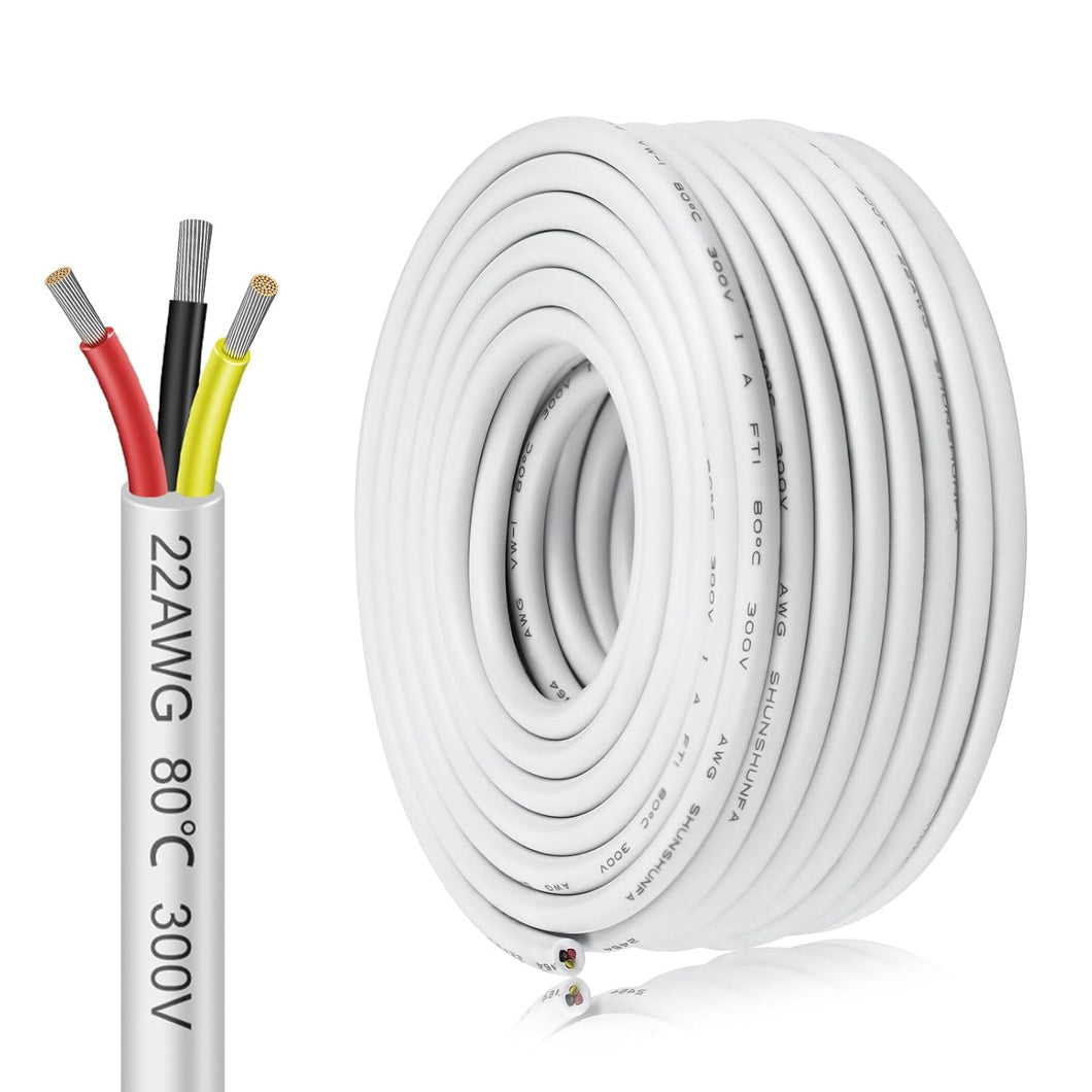 inShareplus 22AWG 3x0.3mm² 10 Meter Electrical Wire 3 Core Cable, 5V/12V/24V White Tinned Copper Wires, 22 Gauge 300V Flexible and Soft Outdoor Cable High Temperature Resistant Extension Cable