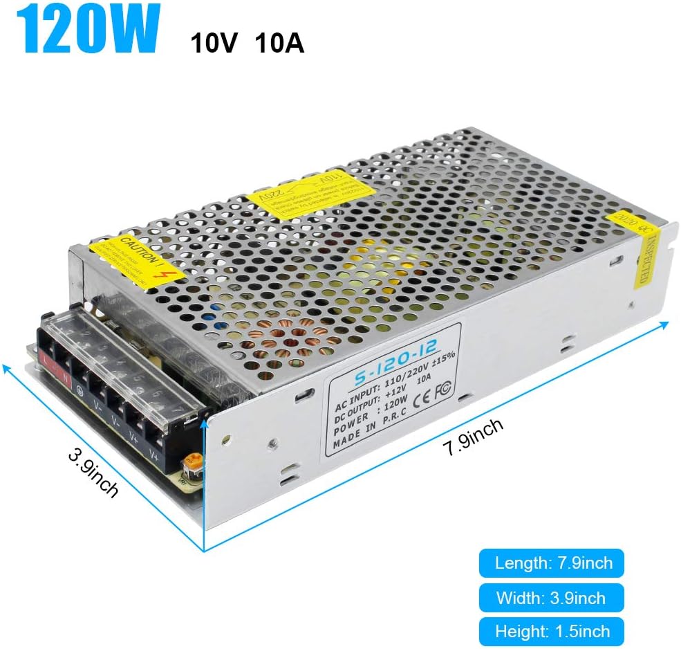 inShareplus 12V 10A 120W, DC Universal Regulated Switching Power Supply, 110/220V AC to DC 12 Volt LED Driver, Converter, Transformer for LED Strip Light, CCTV, Computer Project, 3D Printer