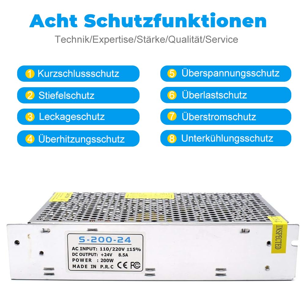inShareplus 24 V Power Supply 8.5 A 200 W, DC Universal Regulated Switching Power Supply, Transformer 230 V to 24 V LED Driver, Transformer, Adapter for LED Strip Light, 3D Printer, Computer Project,