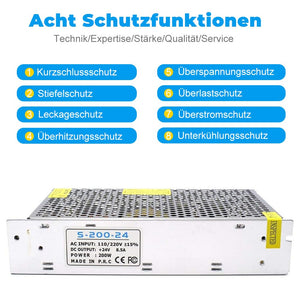 inShareplus 24 V Power Supply 8.5 A 200 W, DC Universal Regulated Switching Power Supply, Transformer 230 V to 24 V LED Driver, Transformer, Adapter for LED Strip Light, 3D Printer, Computer Project,