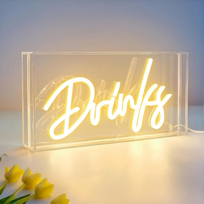 DRINKS Table LED Signs – Rectangular 11.8x5.9 inch | Warm White/Pink | USB Powered | Tabletop Display | For Coffee Stations, Beverage Counters, Lounge Spaces & Entertainment Areas