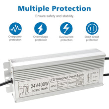 Load image into Gallery viewer, inShareplus 24V 400W LED Power Supply, IP67 Rainproof Waterproof Outdoor Driver,AC 90-140V to DC 24V Low Voltage Transformer, Adapter Converter for LED Light, Computer Project, Outdoor Use