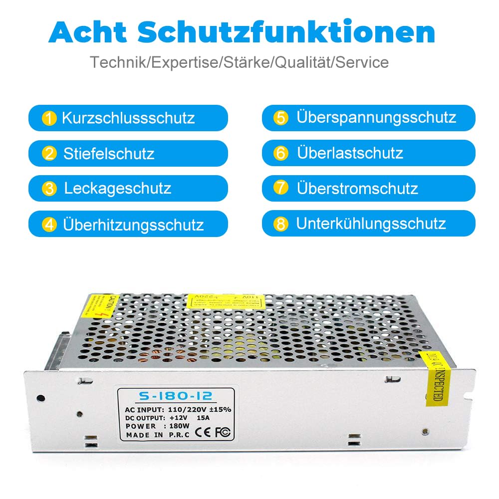 inShareplus 12 V Power Supply 15 A 180 W, DC Universal Regulated Switching Power Supply, Transformer 230 V to 12 V LED Driver, Transformer, Adapter for LED Strip Light, 3D Printer, Radio, Computer
