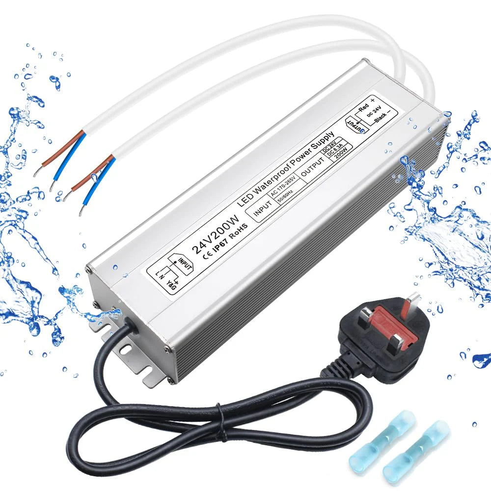 24V Outdoor Waterproof LED Power Supply 200W–500W, 175–265V Input, Single/Dual Wire Output, Aluminum Housing, Landscape & Outdoor Lighting, CE/RoHS/FCC Certified, Waterproof Transformer for Outdoor Lighting, UK/EU Plug