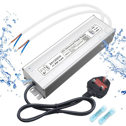 24V Outdoor Waterproof LED Power Supply 200W–500W, 175–265V Input, Single/Dual Wire Output, Aluminum Housing, Landscape & Outdoor Lighting, CE/RoHS/FCC Certified, Waterproof Transformer for Outdoor Lighting, UK/EU Plug