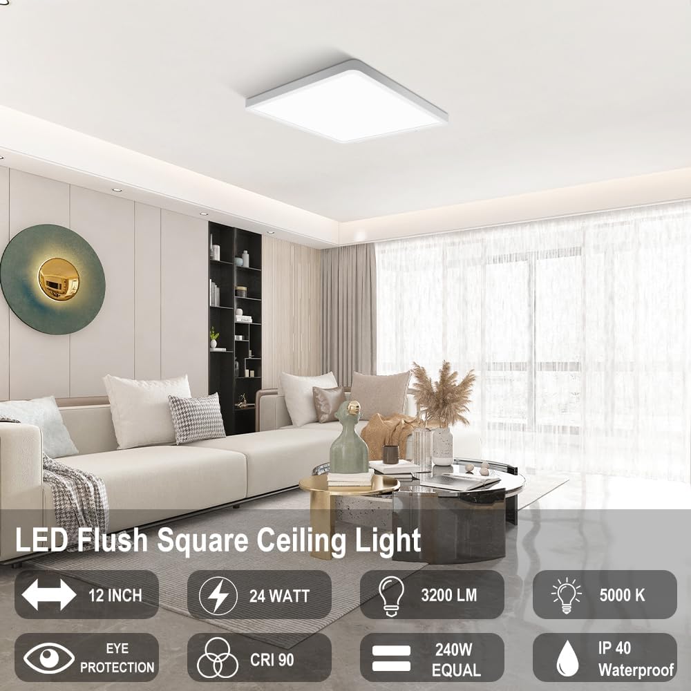 AC 110–130V | 12 Inch 24W Modern Square Ceiling Light – White / Black | 3000K / 4500K / 5000K / 6500K | Flush Mount Ceiling Light for Apartment & Commercial Spaces – Local Stock (US)