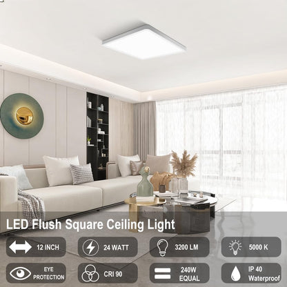 inShareplus 12 Zoll quadratische LED-Deckenleuchte, 3200 lm, 24 W, 5000 K Tageslicht, superhelle Deckenleuchten, weiße LED-Lampe zur Unterputzmontage, Einbauleuchten für Küche, Bad, Schlafzimmer, Flur, Büro, Garage 