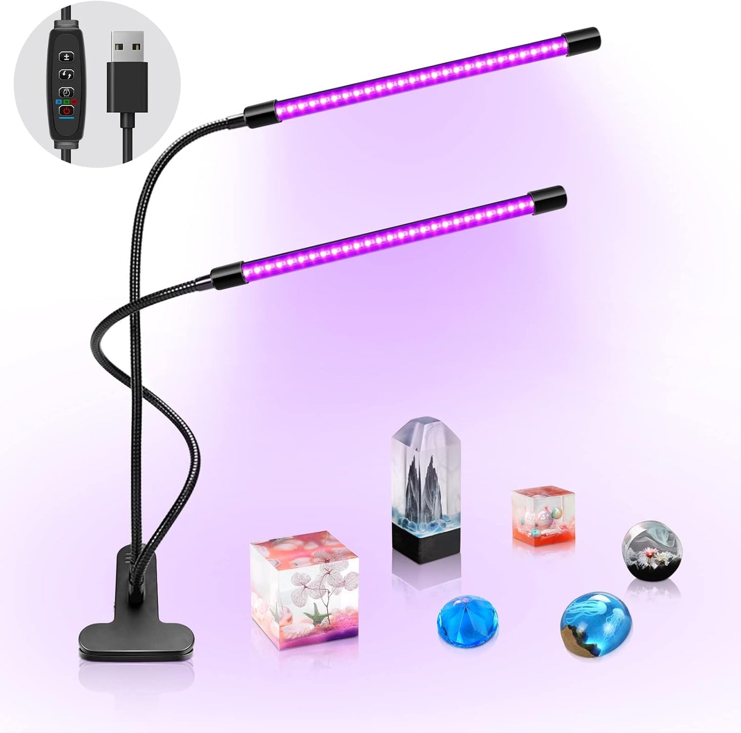 inShareplus LED-UV-Licht mit Doppelkopf und USB, 395 nm – 405 nm dimmbares UV-Licht mit Clip, leuchtet im Dunkeln, 20 W schwarze Lampe für Party, Bühne, UV-Kleber, aushärtende Harzfarbe, Sammlung, Aquarium 