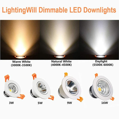 3W Adjustable COB LED Downlight - 2700K–6000K - White/Black/Gold/Silver Housing - TRIAC Dimmable - 100–130V / 200–240V AC - 4-Pack - Ambient & Accent Lighting
