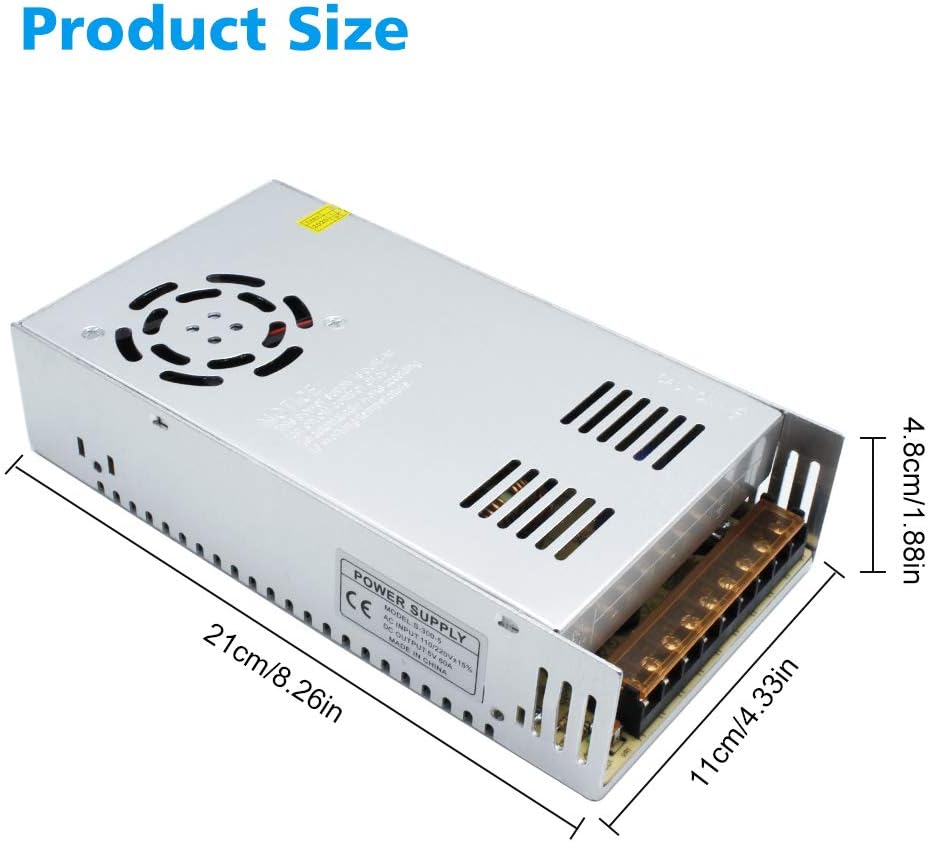 inShareplus 5V 60A 300W, DC Universal Regulated Switching Power Supply, Converter, LED Driver, Transformer, Adapter for LED Strips Pixel Lights, 3D Printer, Computer Project, CCTV
