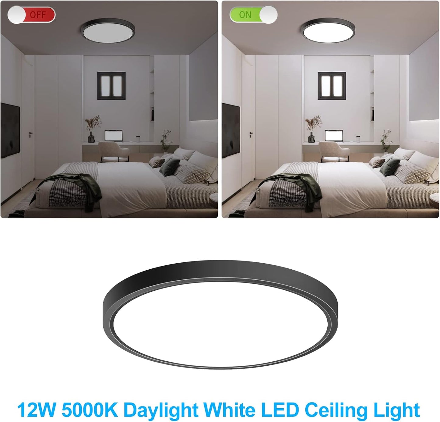 inShareplus 7inch LED Ceiling Light Fixture, Black 12W(120W Equiv) 5000K Daylight White Flush Mount Ceiling Lights, Super Bright, Ultra-Thin, 1500LM Ceiling Lamp for Bedroom, Kitchen, Office, Hallway [Energy Class F]
