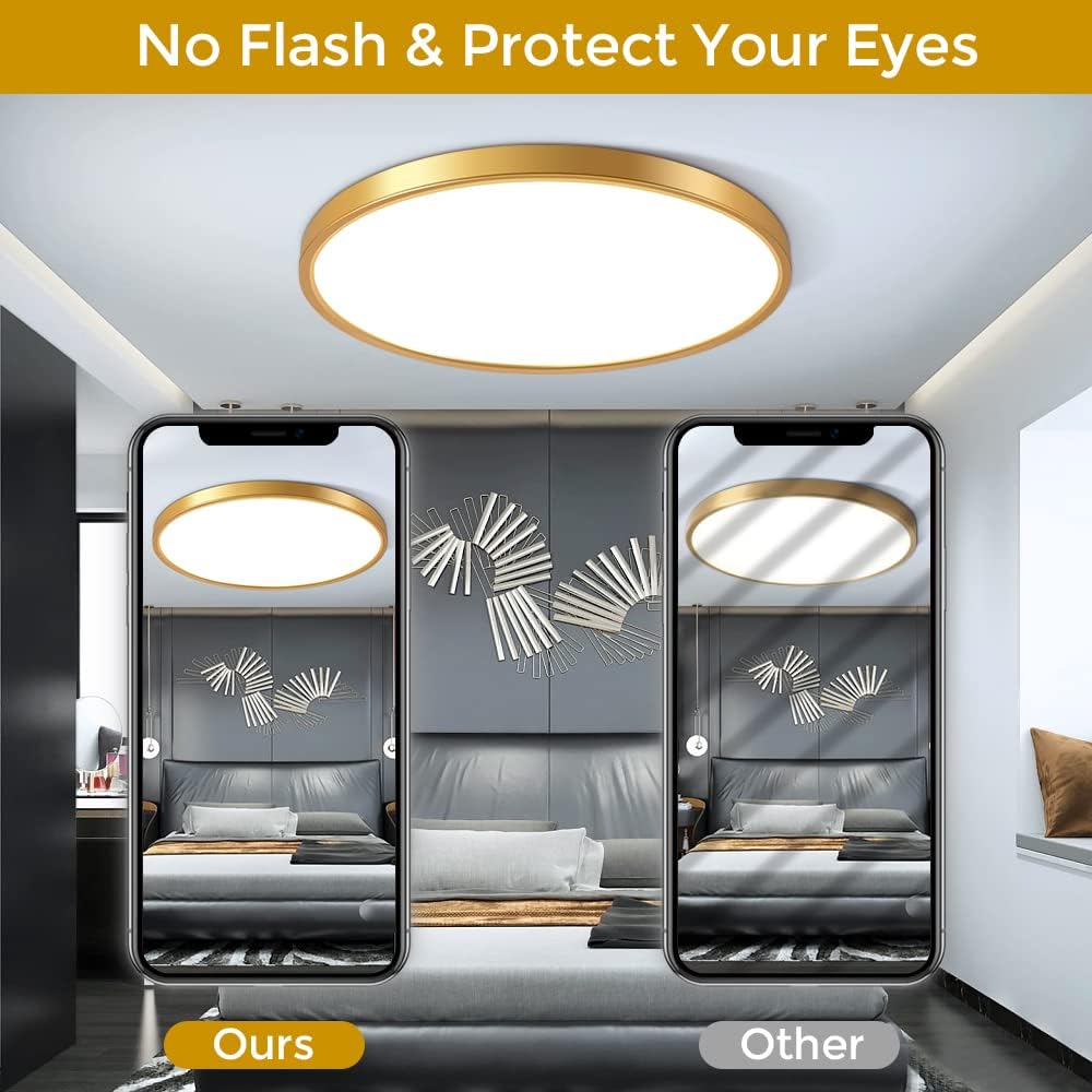 inShareplus 12 Inch 24W Gold LED Ceiling Light, Daylight White 5000K 0.94 Inch Ultra Thin Flush Mount Ceiling Lighting, 3200LM Super Bright Gold Ceiling Lamp for Bedroom, Office, Hallway, Kitchen