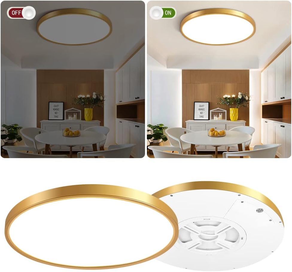 inShareplus 12 Inch 24W Gold LED Ceiling Light, Daylight White 5000K 0.94 Inch Ultra Thin Flush Mount Ceiling Lighting, 3200LM Super Bright Gold Ceiling Lamp for Bedroom, Office, Hallway, Kitchen