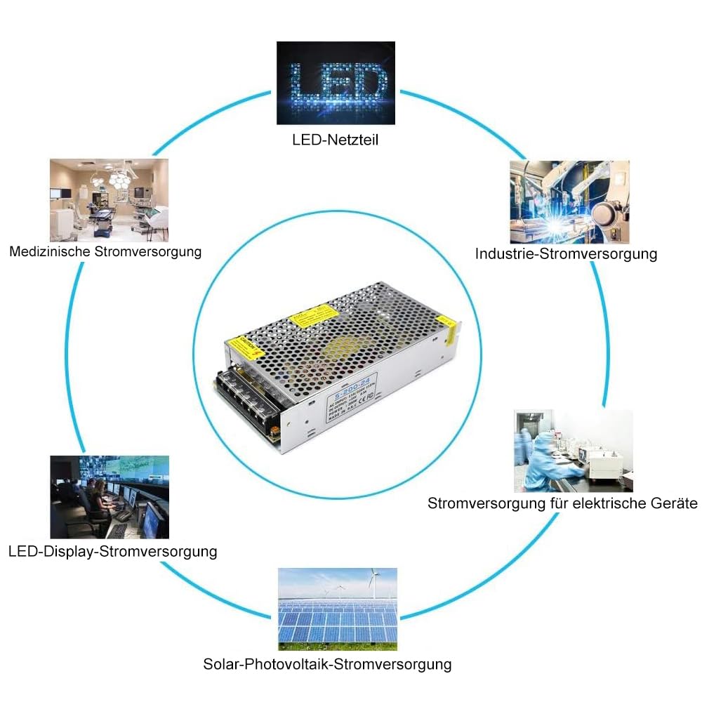 inShareplus 24 V Power Supply 8.5 A 200 W, DC Universal Regulated Switching Power Supply, Transformer 230 V to 24 V LED Driver, Transformer, Adapter for LED Strip Light, 3D Printer, Computer Project,