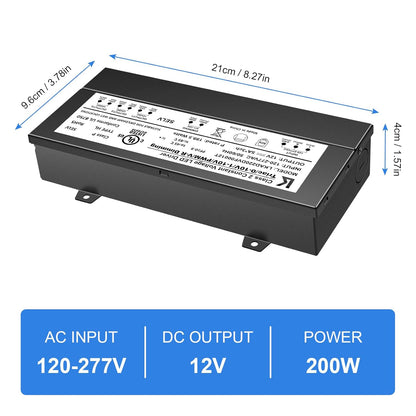 inShareplus 200W Dimmable LED Driver, 12V Power Supply, AC 120-277V to DC 12V Transformer for LED Light, Compatible with Lutron and Leviton Dimmer, TRIAC and 0-10V, IP65 Waterproof, UL Listed,Class 2