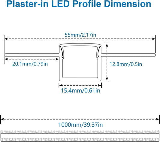 inShareplus Plaster-in LED Profile, 3.3ft/1m 6-Pack LED Aluminium Channel with Milky Diffuser, Trimless Recessed LED Strip Diffuser for Under Cabinet, Shelf, Wall, Table,Ceiling and Corner [Energy Class E]