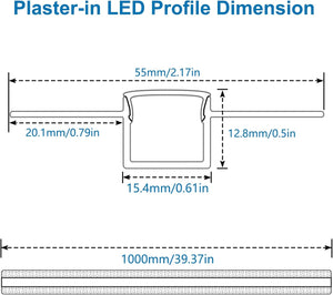 inShareplus Plaster-in LED Profile, 3.3ft/1m 6-Pack LED Aluminium Channel with Milky Diffuser, Trimless Recessed LED Strip Diffuser for Under Cabinet, Shelf, Wall, Table,Ceiling and Corner [Energy Class E]