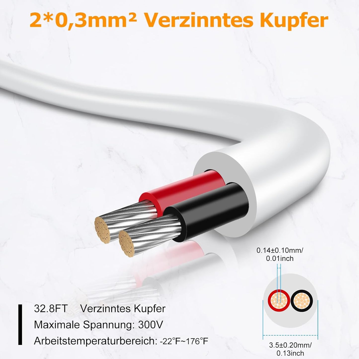inShareplus 2 x 0.3 mm² 10 m 22AWG Electric Cable 2-Core Cable, 5V/12V/24V Underground Cable White Tinned Copper Cable, 300V Flexible and Soft Power Cable High Temperature Resistance Extension Cable 10 m
