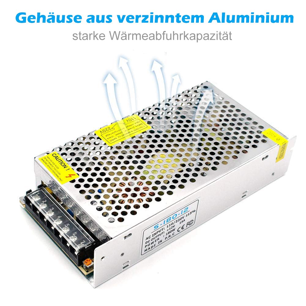 inShareplus 12 V Power Supply 15 A 180 W, DC Universal Regulated Switching Power Supply, Transformer 230 V to 12 V LED Driver, Transformer, Adapter for LED Strip Light, 3D Printer, Radio, Computer